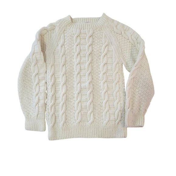 Handmade White Cable Knit Sweater Warm Cozy Design Raglan Sleeves Classic Style - Picture 1 of 7